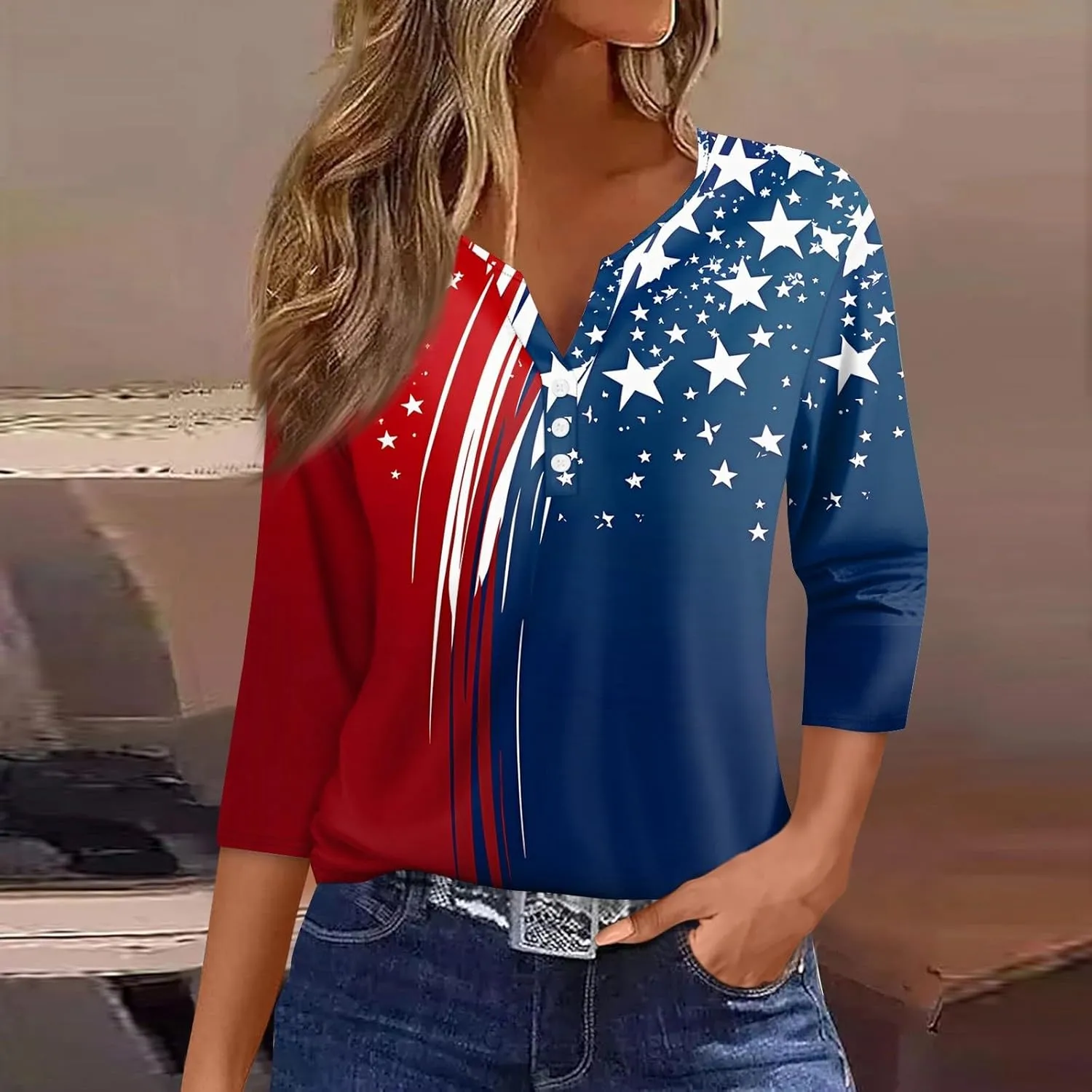 4th of July Shirts for Women 2025 Independence Day 3/4 Sleeve Summer Tops Button V-Neck American Flag Henley Tshirts