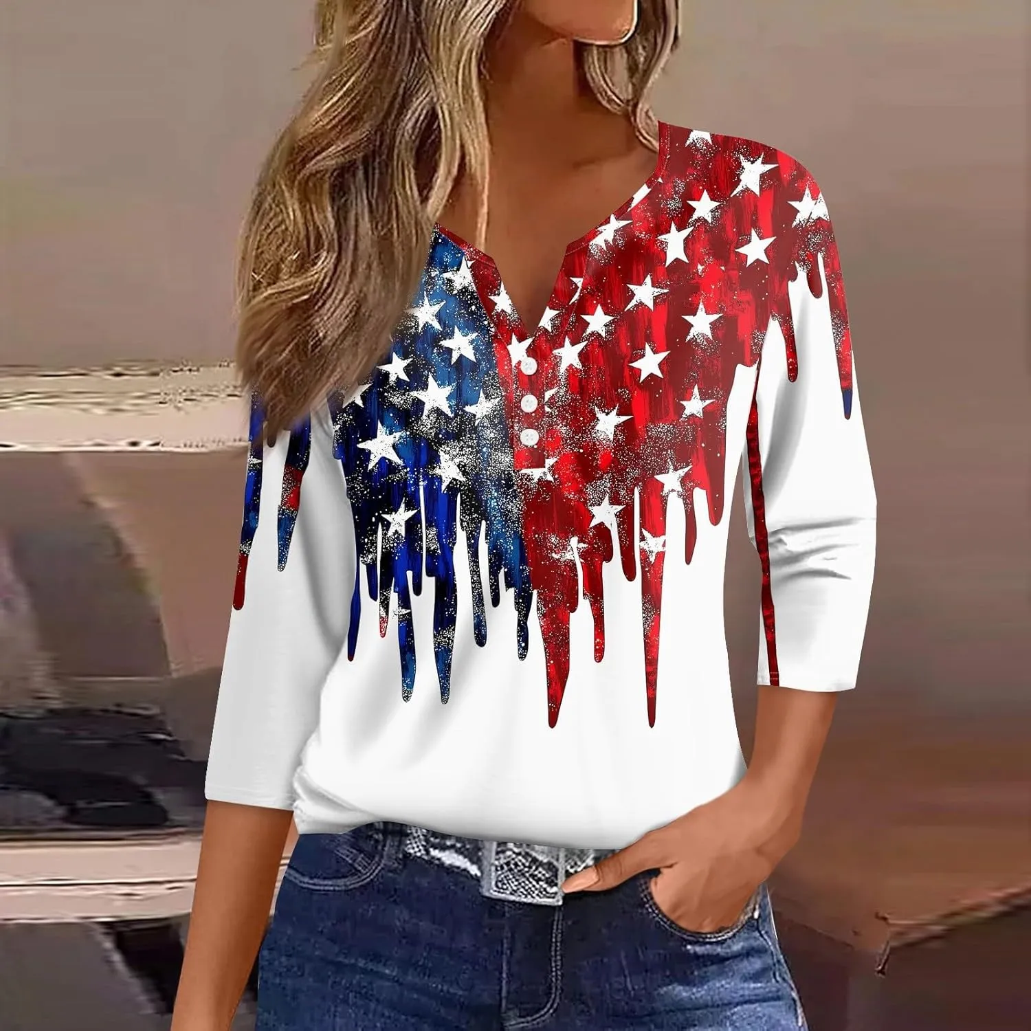 4th of July Shirts for Women 2025 Independence Day 3/4 Sleeve Summer Tops Button V-Neck American Flag Henley Tshirts