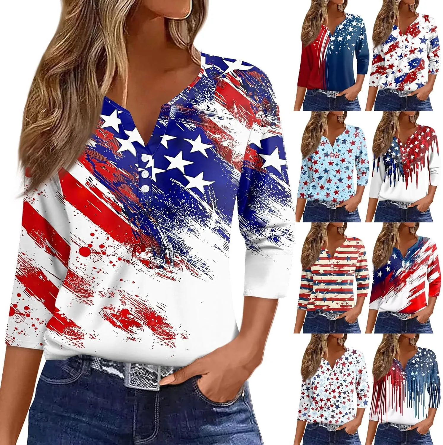 4th of July Shirts for Women 2025 Independence Day 3/4 Sleeve Summer Tops Button V-Neck American Flag Henley Tshirts