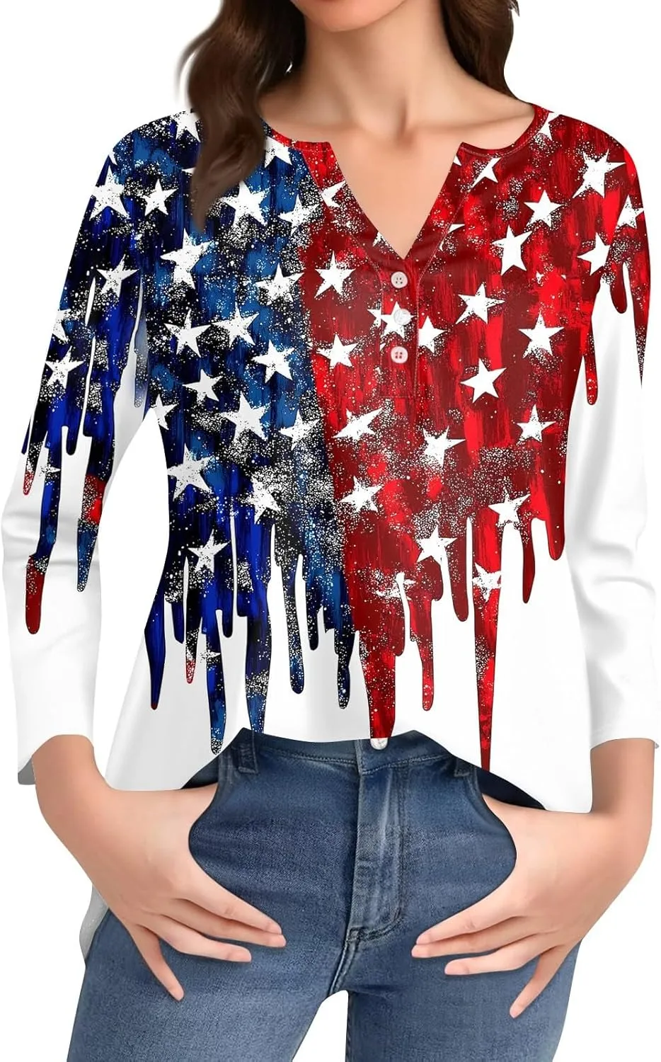 4th of July Shirts for Women 2025 Independence Day 3/4 Sleeve Summer Tops Button V-Neck American Flag Henley Tshirts