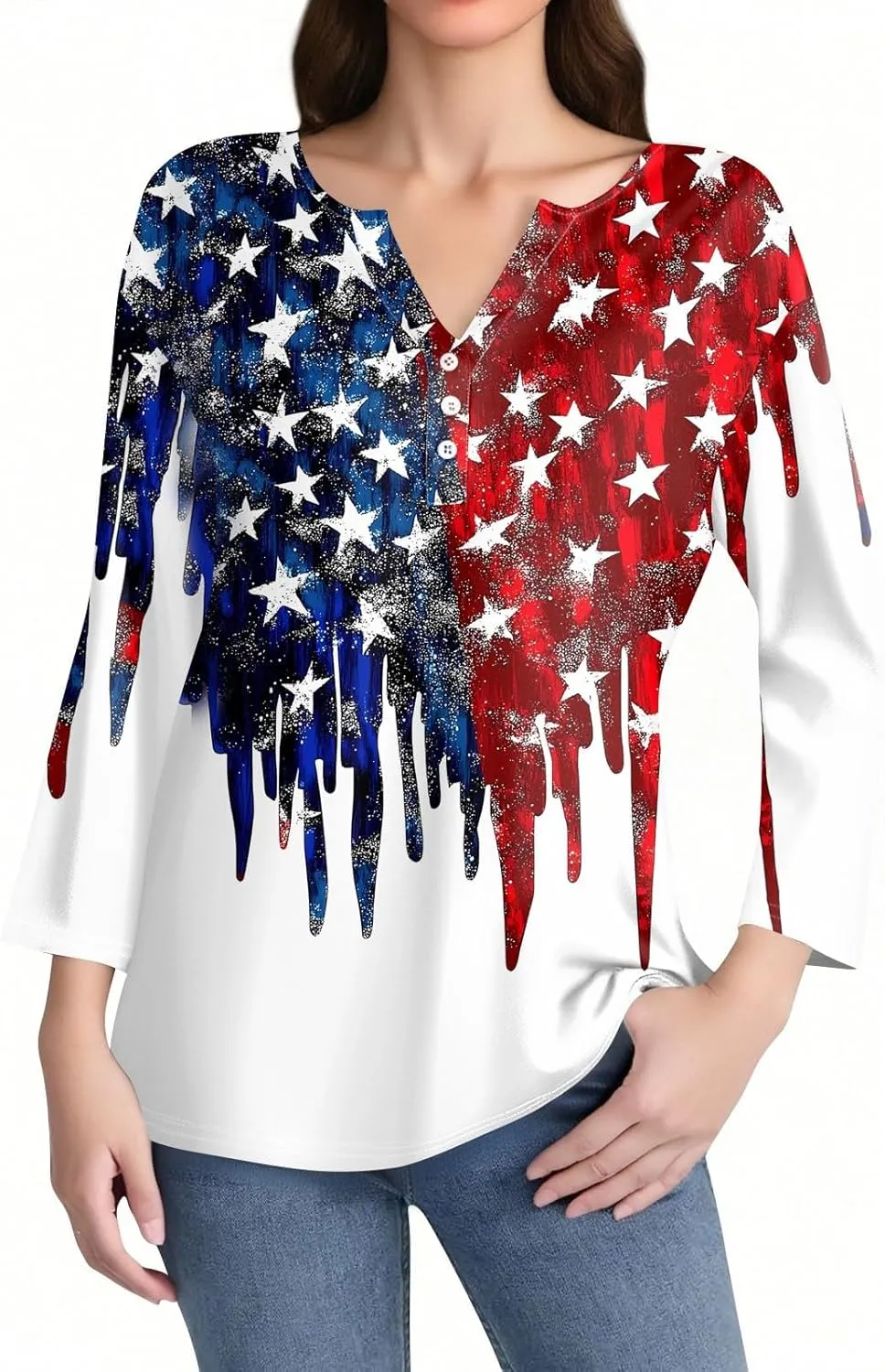 4th of July Shirts for Women 2025 Independence Day 3/4 Sleeve Summer Tops Button V-Neck American Flag Henley Tshirts