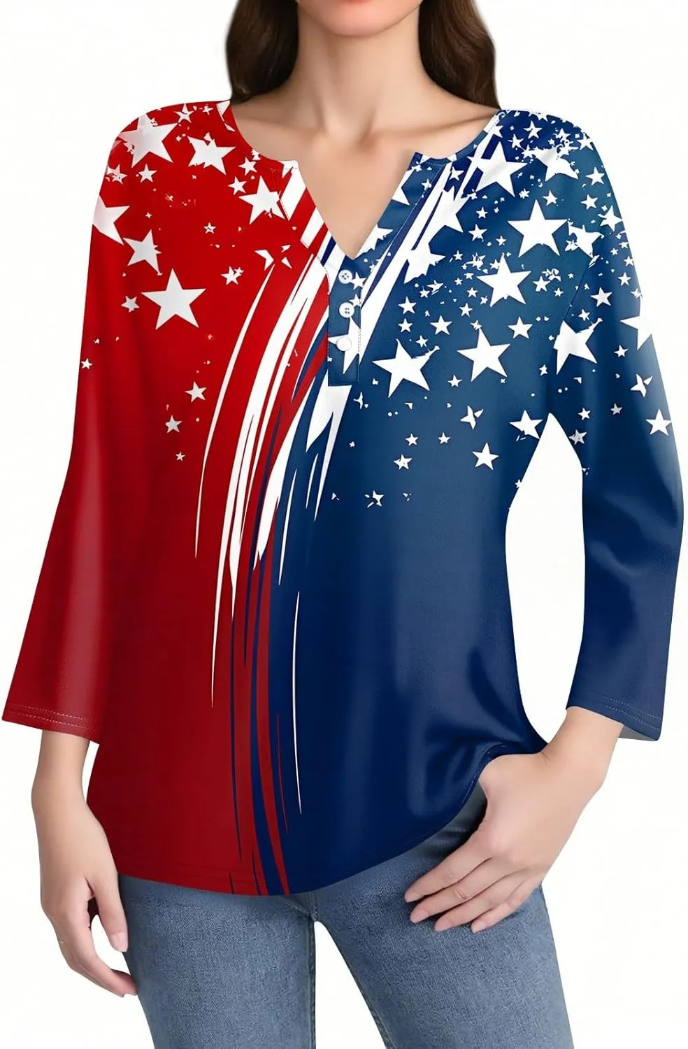 4th of July Shirts for Women 2025 Independence Day 3/4 Sleeve Summer Tops Button V-Neck American Flag Henley Tshirts