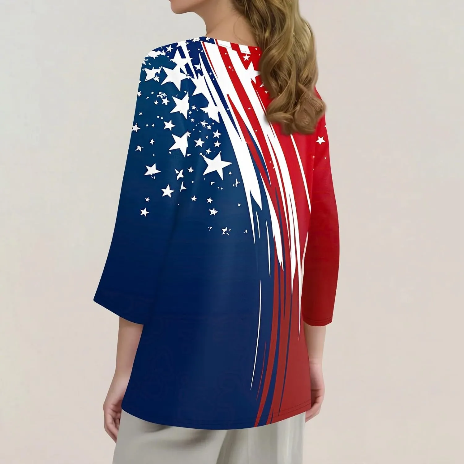 4th of July Shirts for Women 2025 Independence Day 3/4 Sleeve Summer Tops Button V-Neck American Flag Henley Tshirts