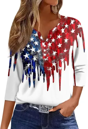 4th of July Shirts for Women 2025 Independence Day 3/4 Sleeve Summer Tops Button V-Neck American Flag Henley Tshirts