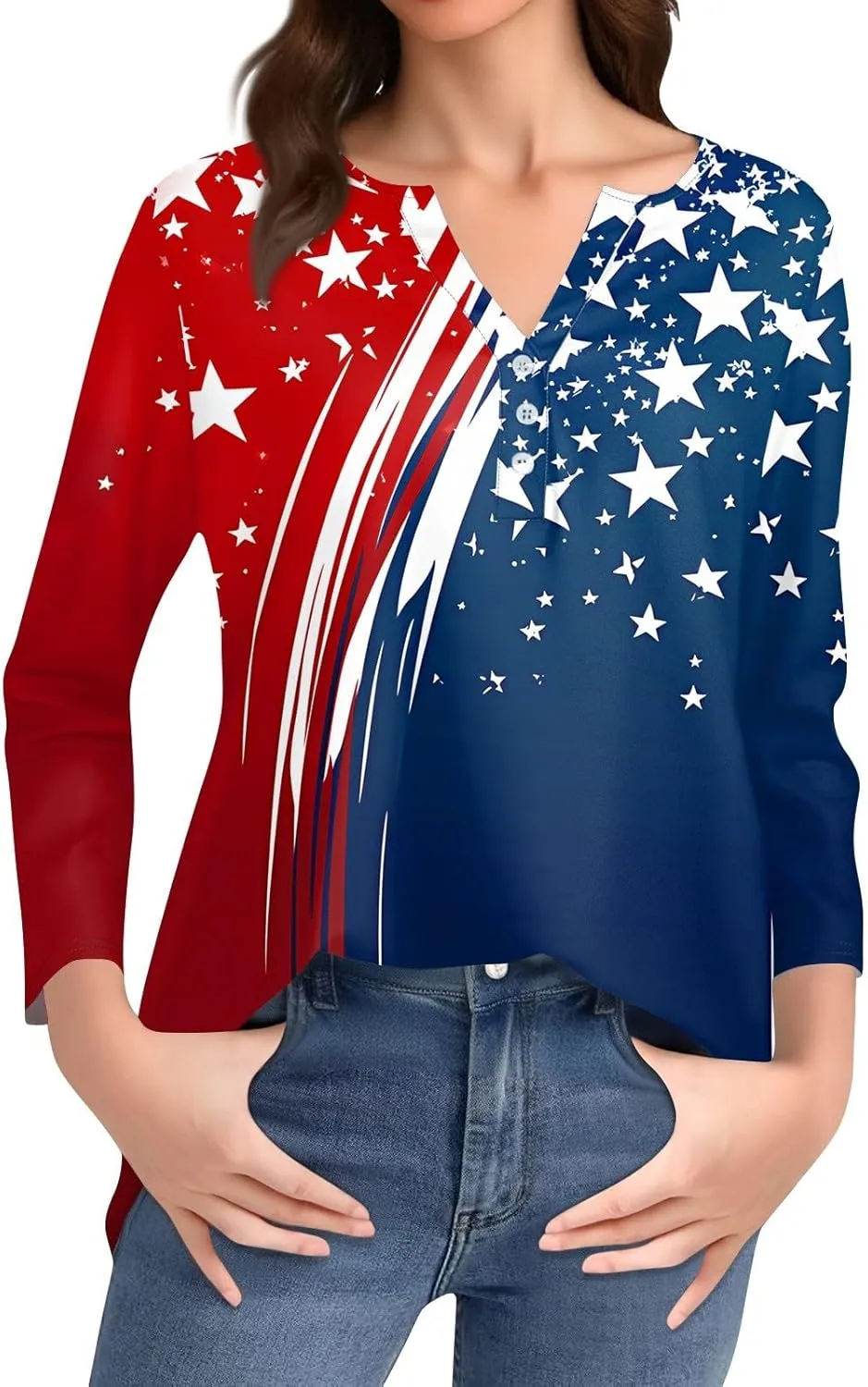 4th of July Shirts for Women 2025 Independence Day 3/4 Sleeve Summer Tops Button V-Neck American Flag Henley Tshirts