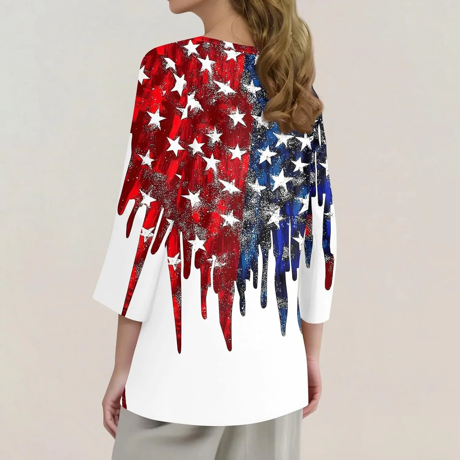 4th of July Shirts for Women 2025 Independence Day 3/4 Sleeve Summer Tops Button V-Neck American Flag Henley Tshirts