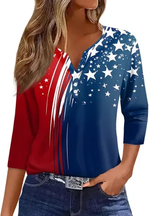 4th of July Shirts for Women 2025 Independence Day 3/4 Sleeve Summer Tops Button V-Neck American Flag Henley Tshirts