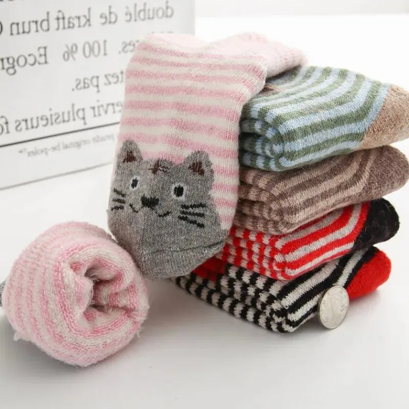 5 Pair Lot Winter Kids Cotton Children Animal Socks Set Cat Cute Thick Wool Socks Lot Stripe Funny Short Baby Boys Girls Warm Soft
