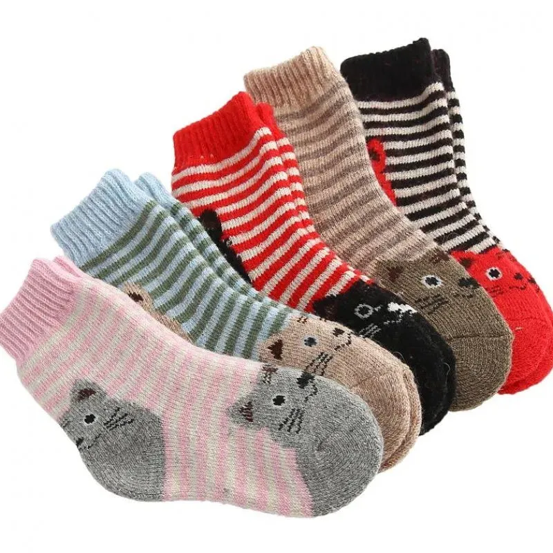 5 Pair Lot Winter Kids Cotton Children Animal Socks Set Cat Cute Thick Wool Socks Lot Stripe Funny Short Baby Boys Girls Warm Soft