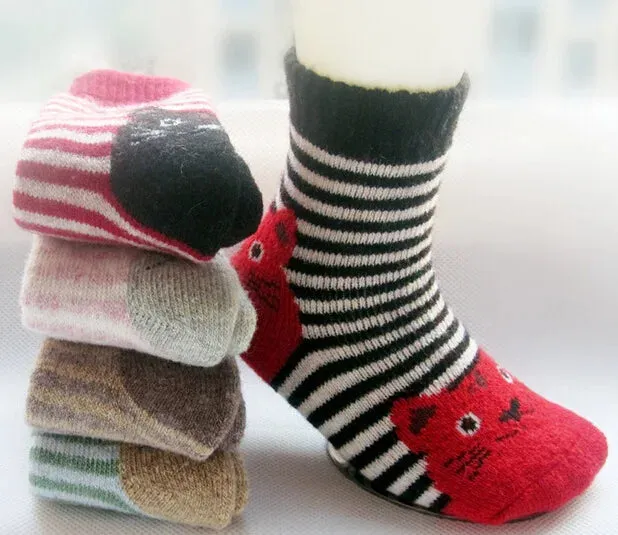 5 Pair Lot Winter Kids Cotton Children Animal Socks Set Cat Cute Thick Wool Socks Lot Stripe Funny Short Baby Boys Girls Warm Soft