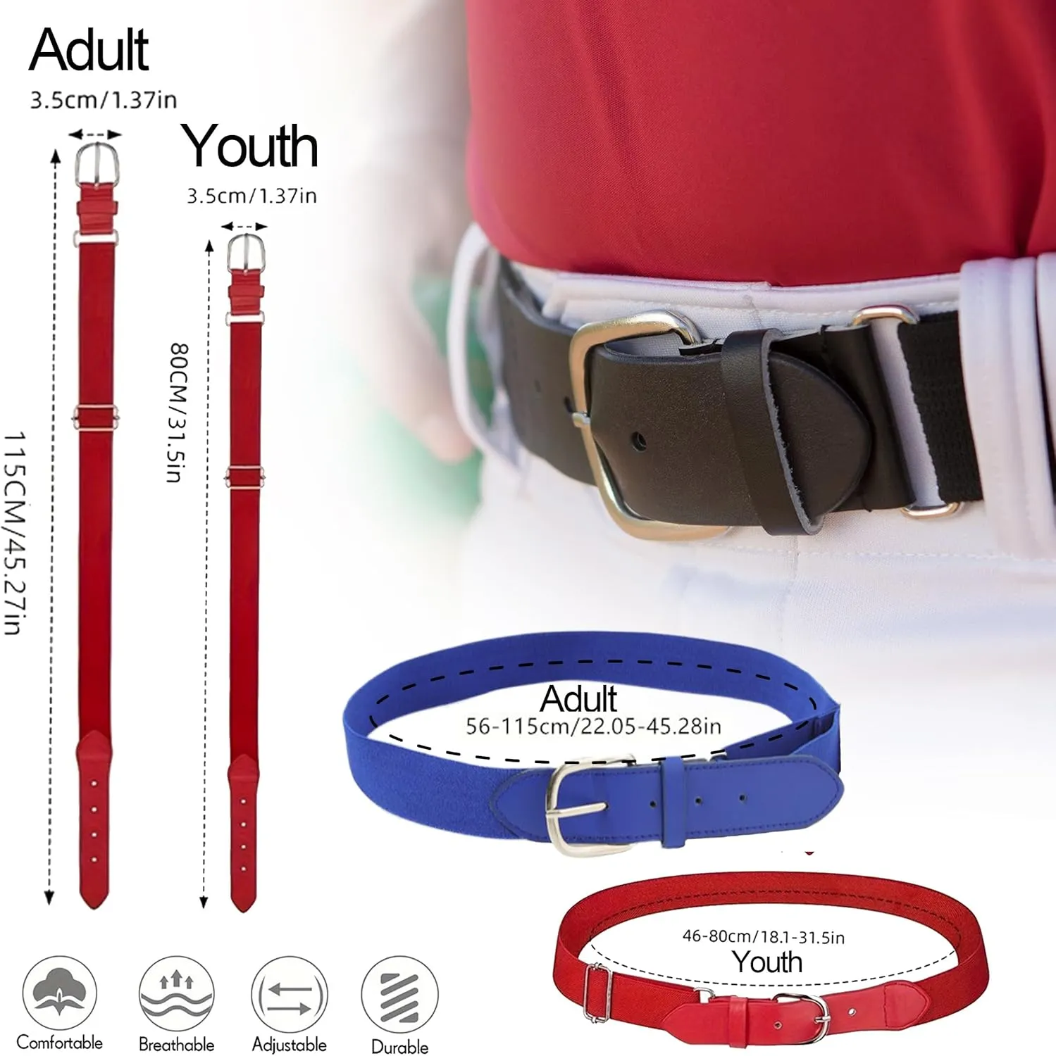 Adjustable Baseball Belt for Youth Adults, 1.38" Sport Uniform Elastic Belt with Alloy Buckle for Softball Fastpitch