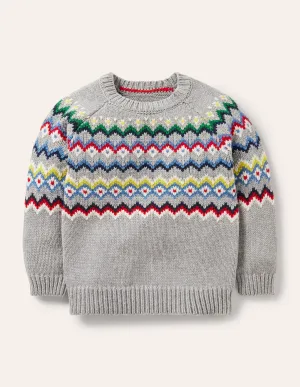 Chunky Fair Isle Crew Jumper-Grey Marl