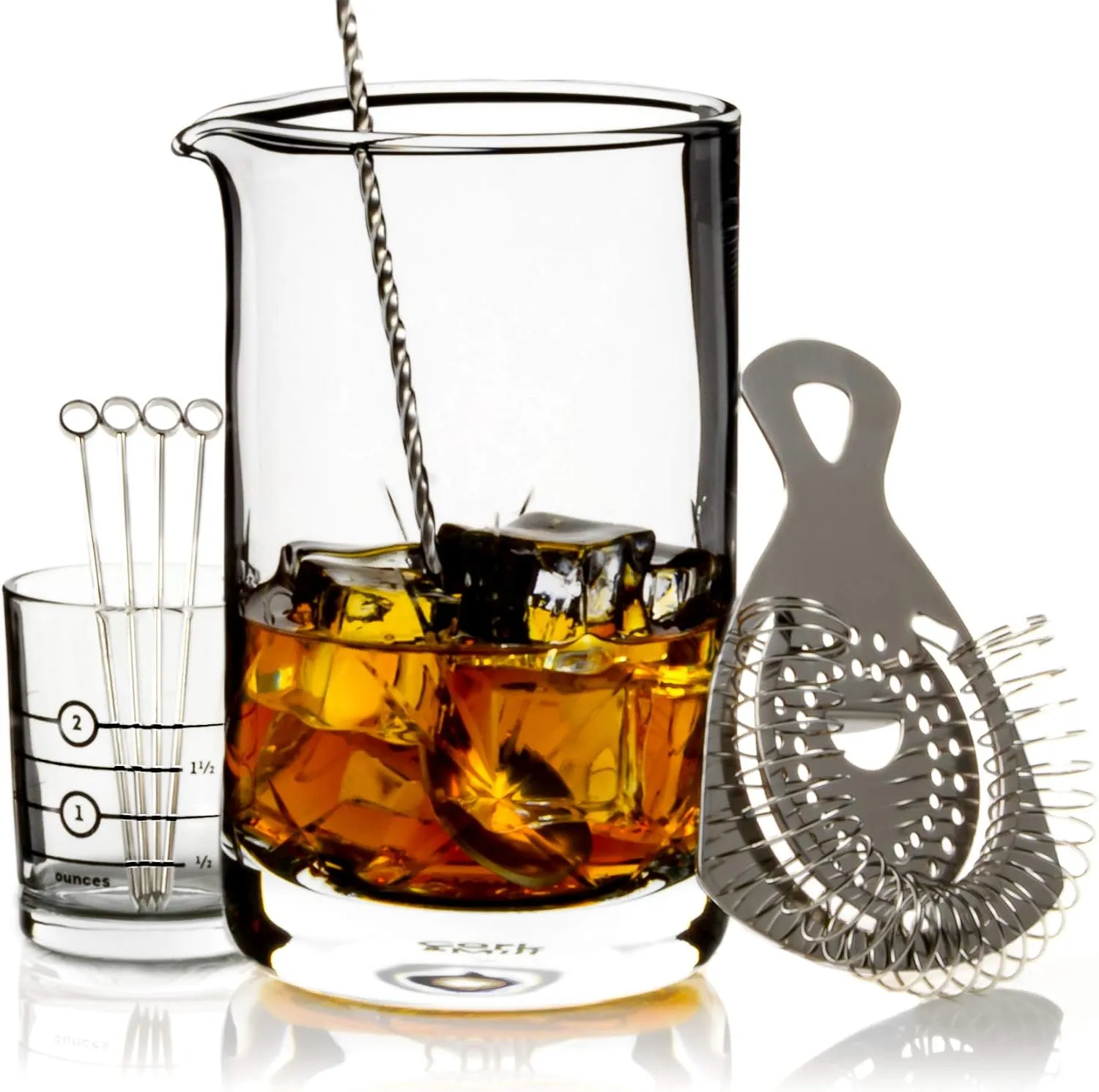 Cork & Mill Cocktail Mixing Glass, Old Fashioned Kit, Large 24 oz Crystal Cocktail Mixer for Bartenders, 9-Piece Home Bar Accessories Set for Manhattans and Other Whiskey Drinks