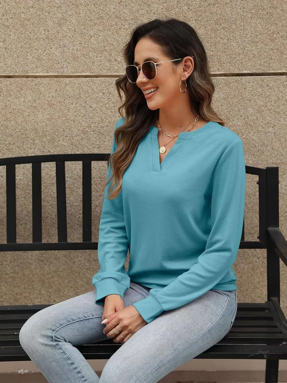 EADINVE Womens V Neck Long Sleeve Sweatshirts Lightweight Pullover Cute Fashion Cute Fall Clothes Tunic Tops 2025