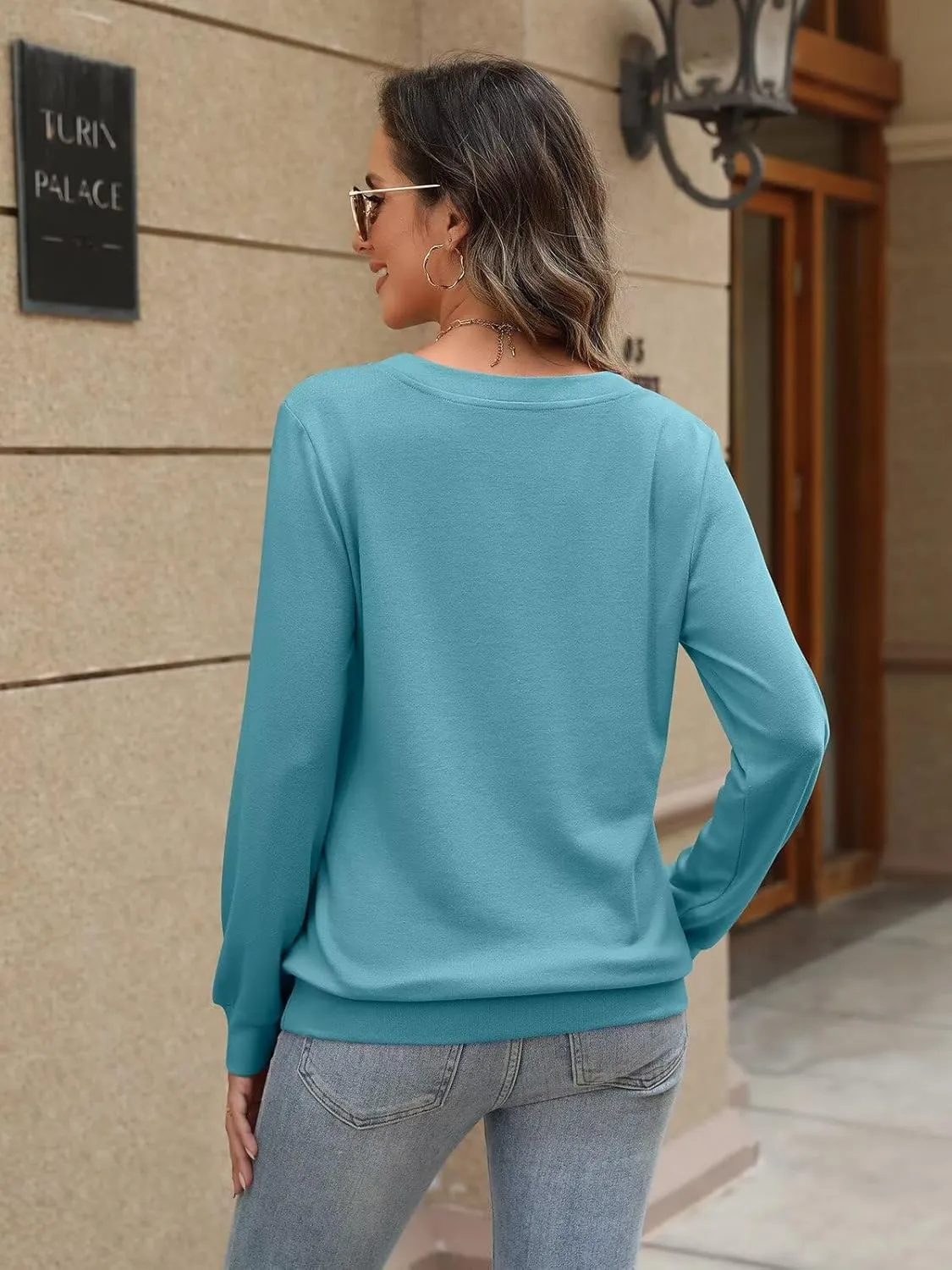 EADINVE Womens V Neck Long Sleeve Sweatshirts Lightweight Pullover Cute Fashion Cute Fall Clothes Tunic Tops 2025