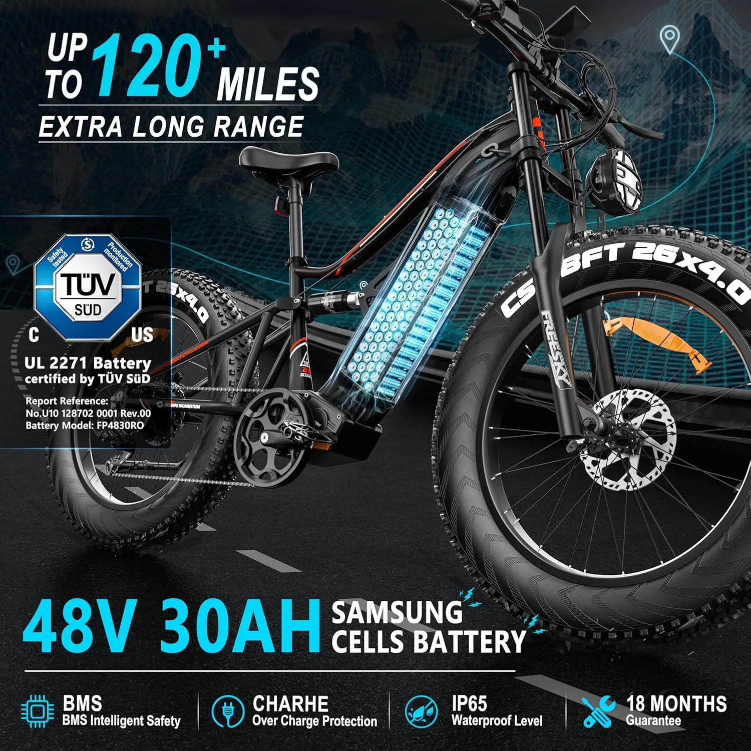FREESKY 2000W Electric Bike with BAFANG Motor & 48V 30Ah Samsung Cells Battery, 35MPH Max Speed, 120 Miles Range, Full Suspension Mountain Ebike for Adult, 26" Fat Tires, Smart Keys, Hydraulic Brakes
