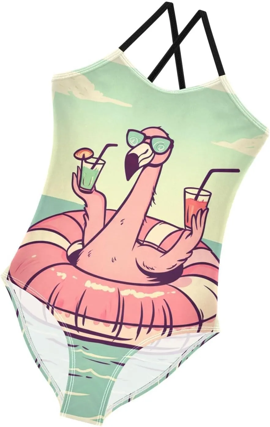 Kids Swim Suits Beach Swimsuit 3-10 Y with Adjustable Shoulder Strap, Flamingo Inflatable Raft Green