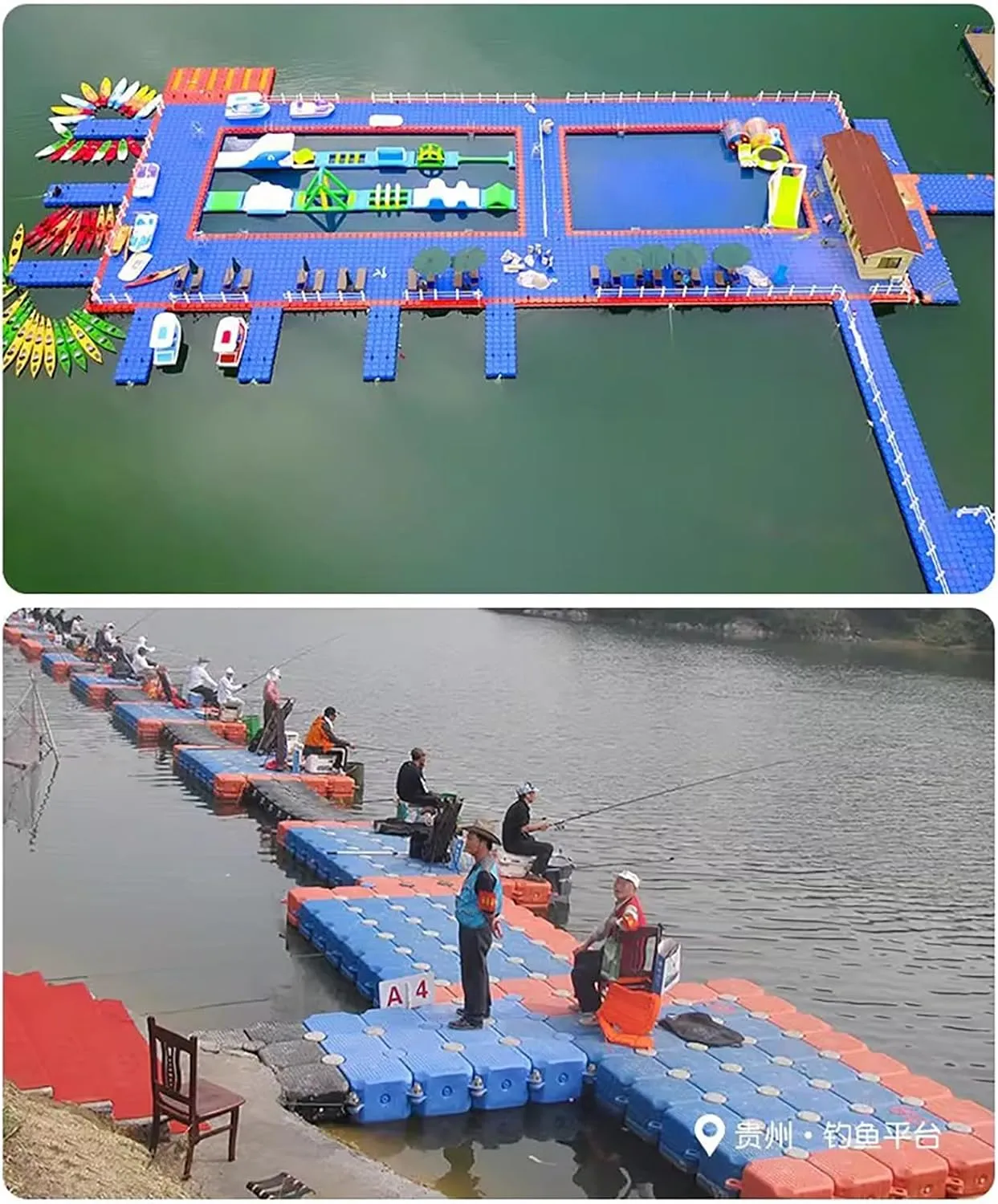 Portable Floating Dock Kit for Water Recreation/Fishing, Heavy Duty Pontoon Fishing Dock for Lakes, DIY Modular Plastic Water Pontoons(4pcs,Large)