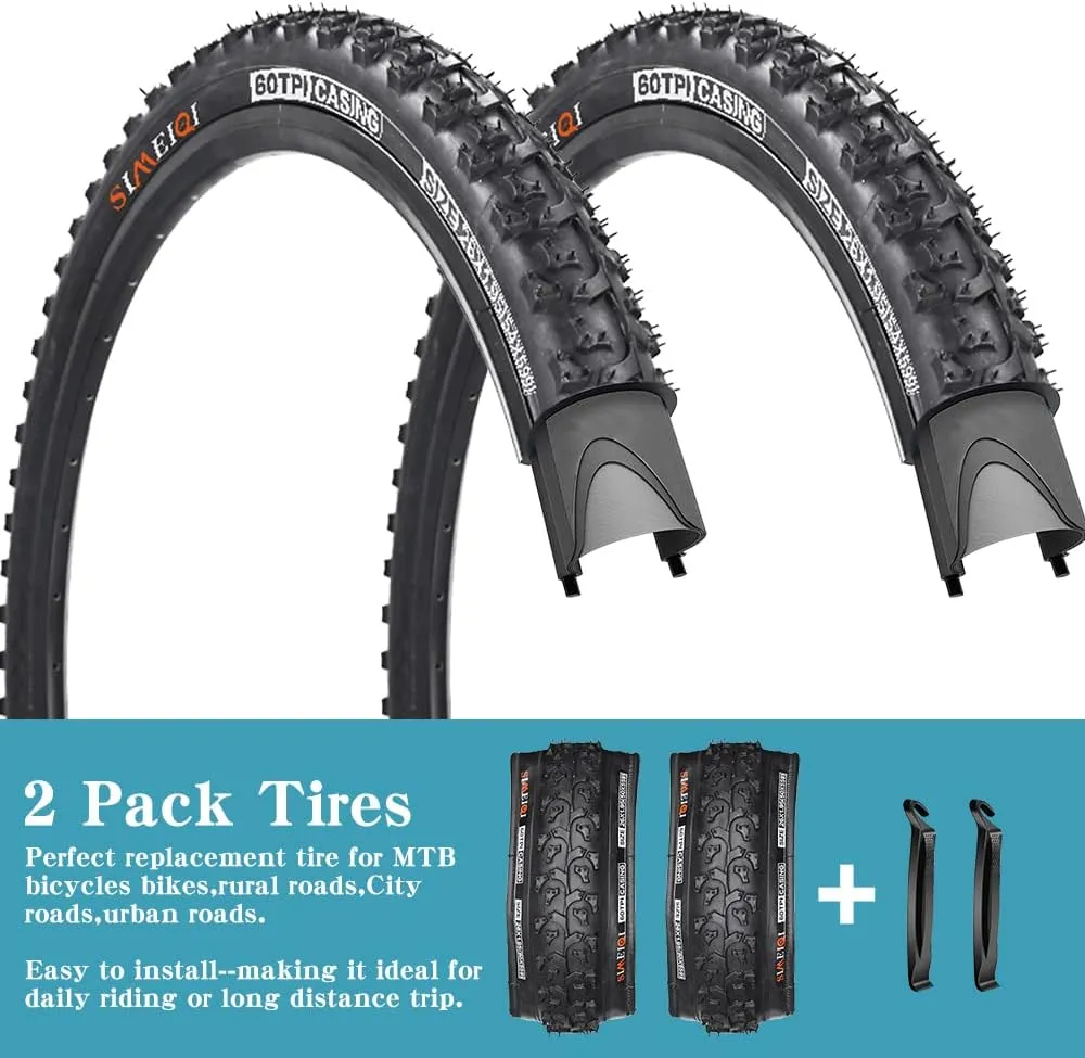 SIMEIQI 2 Pack 26"x1.95" 20"x2.125" Inch 60TPI for Mountain Bike Tires with 2 Levers and with or Without 2 Inner Tubes Gluless Patches for Mountain Trail Bicycle Replacement Tires